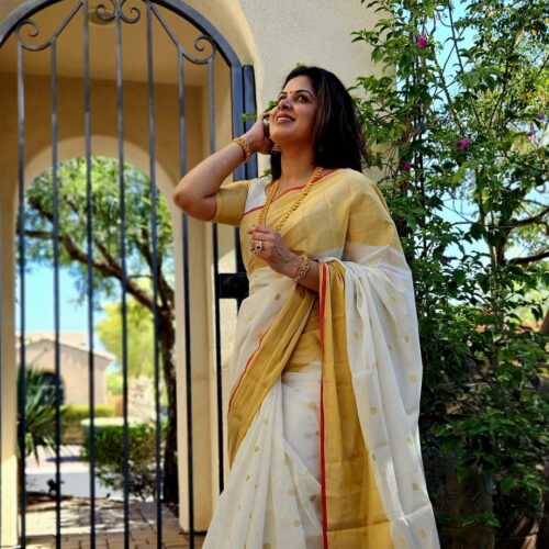 Nyla polka red selvedge saree - HCS - 812