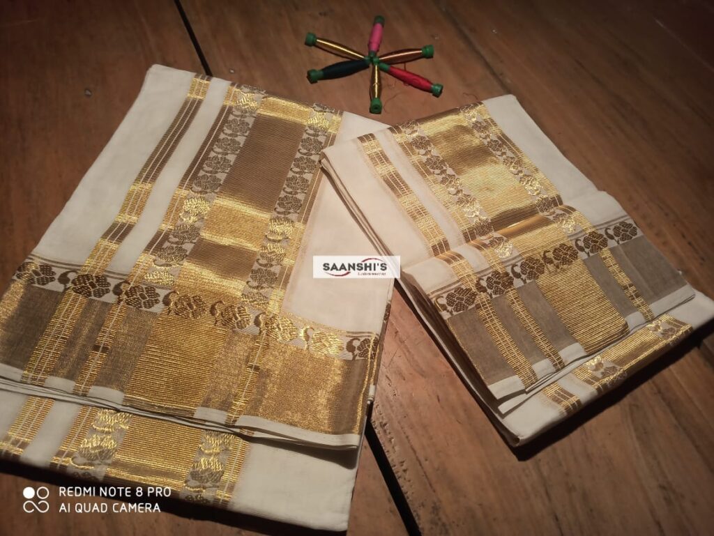PURE HANDLOOM COTTON FLOWER BORDER SET MUND -HCSM 2001 - Saanshi Handloom