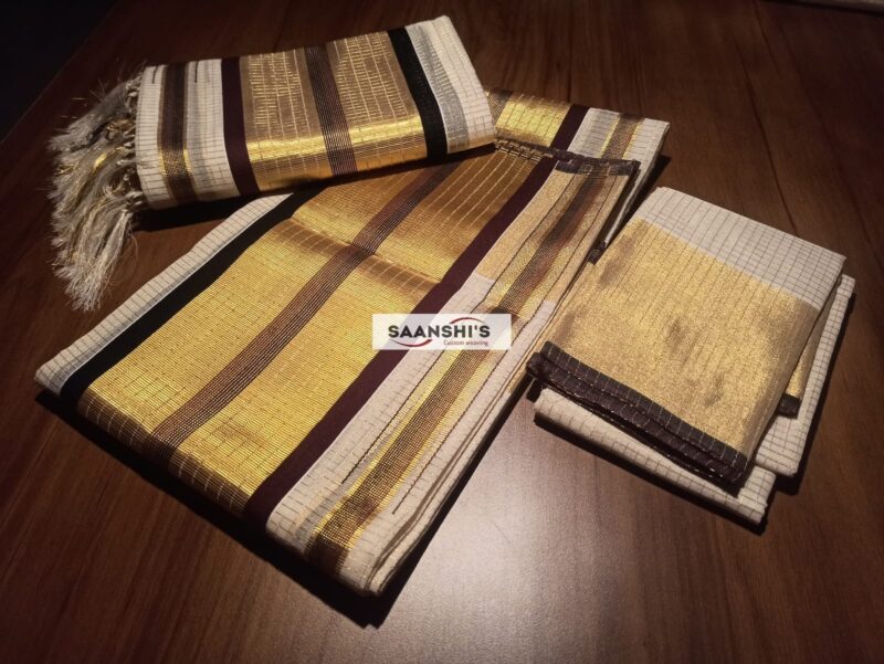 Handloom cotton micro check set mund with blouse- coffee brown and black - Image 5