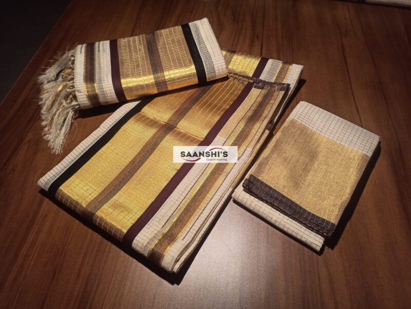 Handloom cotton micro check set mund with blouse- coffee brown and black