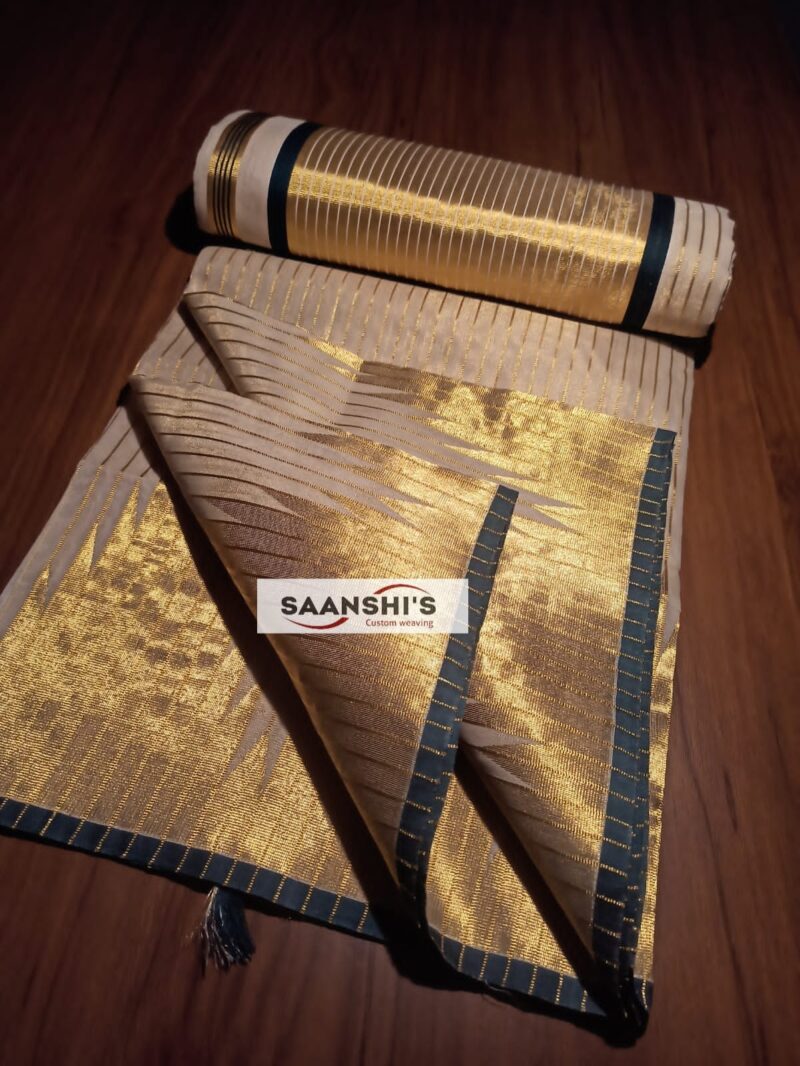 Pure Handloom tissue temple border saree with lines on body . - Image 4