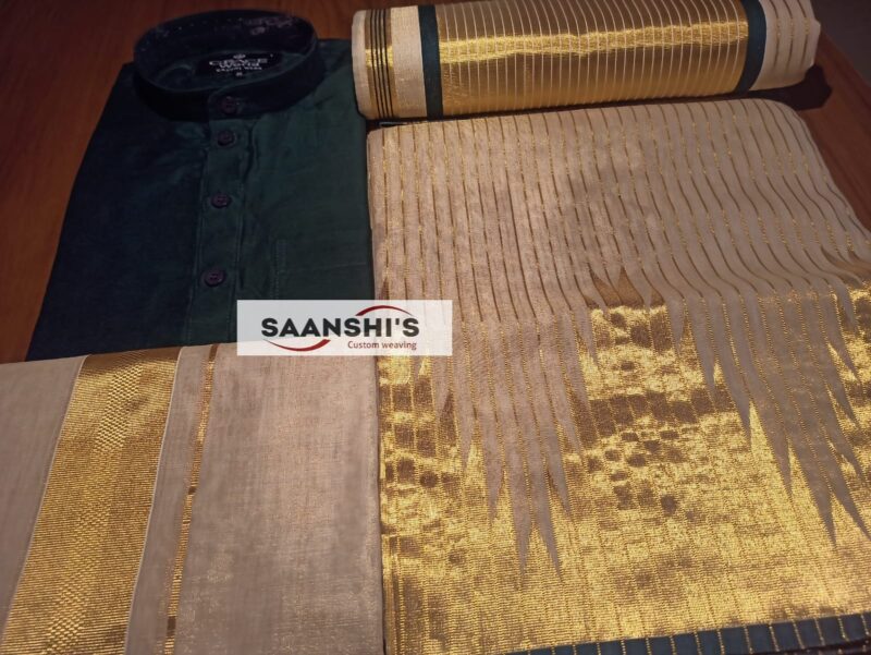 Pure Handloom tissue temple border saree with lines on body . - Image 8