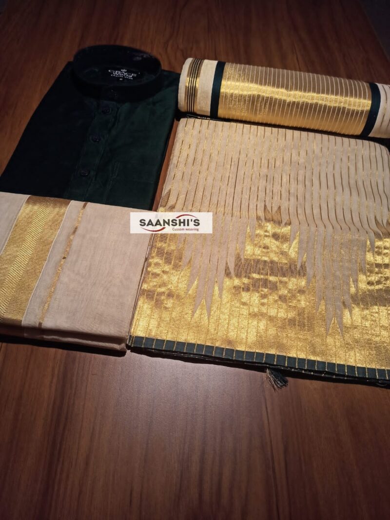 Pure Handloom tissue temple border saree with lines on body . - Image 9