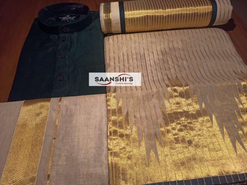 Pure Handloom tissue temple border saree with lines on body . - Image 10