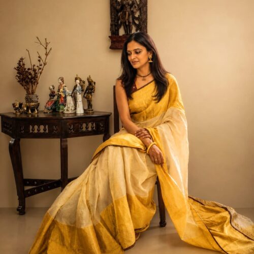 FULL JARI WEAVED –TISSUE MICROCHECK SAREE 10 INCH COFFEE BROWN-30193