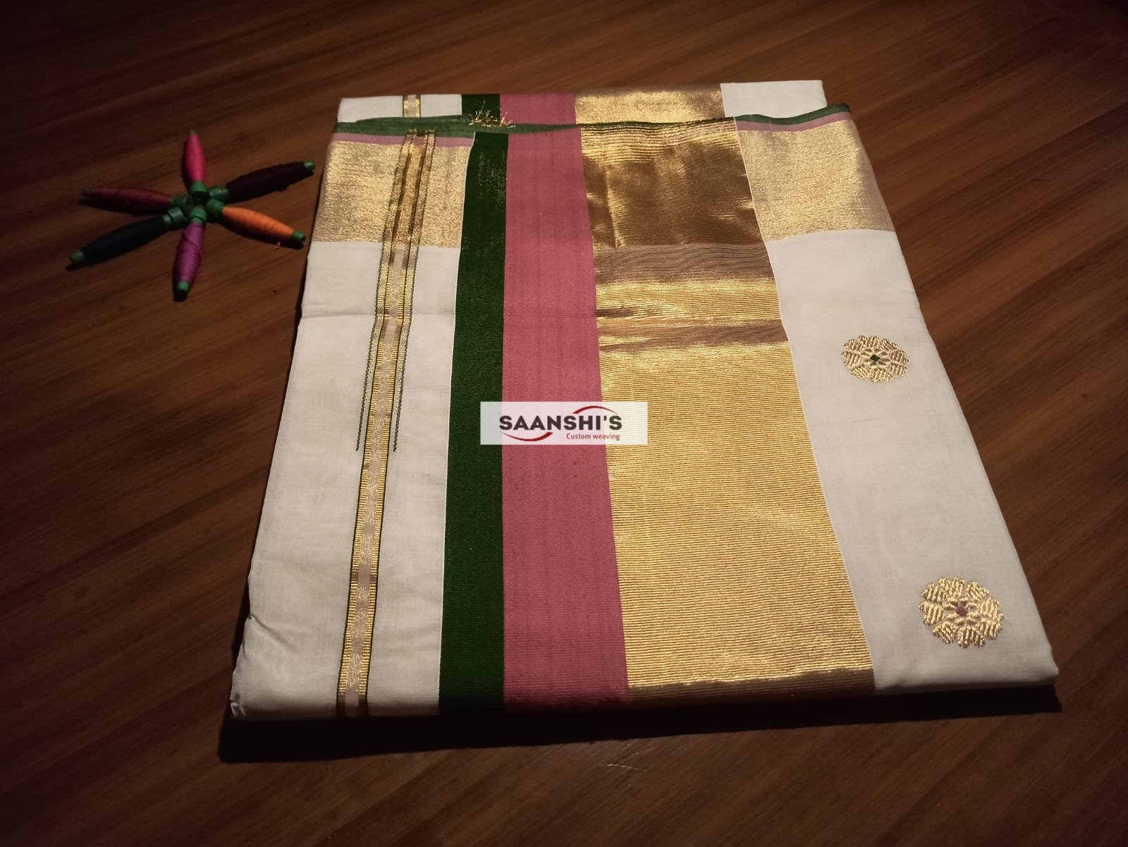 Parijatham-  meenakari  saree 5 inch 
pastel pink and olive green 💚 combination
READY TO DISPATCH - Image 3