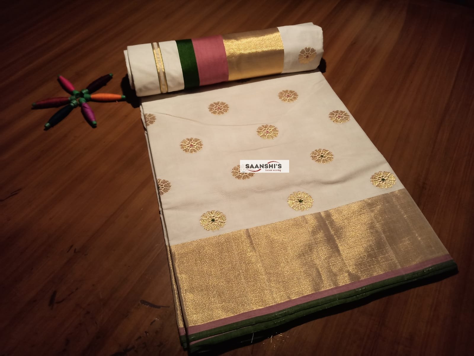 Parijatham-  meenakari  saree 5 inch 
pastel pink and olive green 💚 combination
READY TO DISPATCH - Image 5