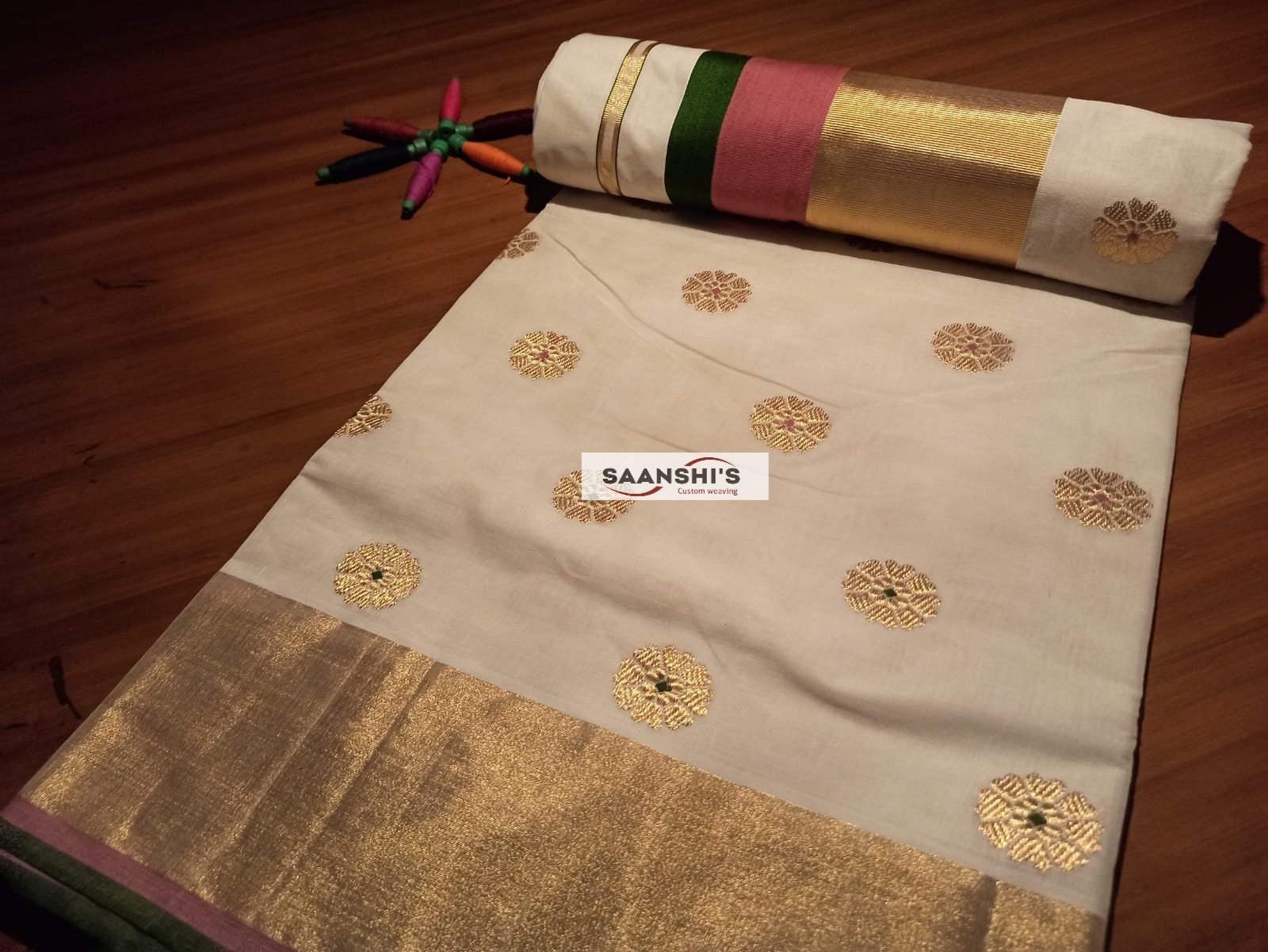 Parijatham-  meenakari  saree 5 inch 
pastel pink and olive green 💚 combination
READY TO DISPATCH - Image 7