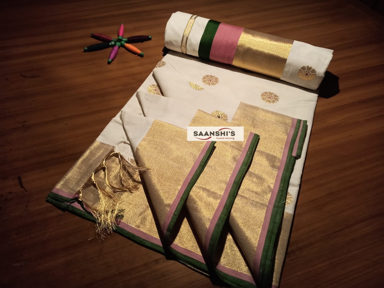 Parijatham-  meenakari  saree 5 inch 
pastel pink and olive green 💚 combination
READY TO DISPATCH - Image 2