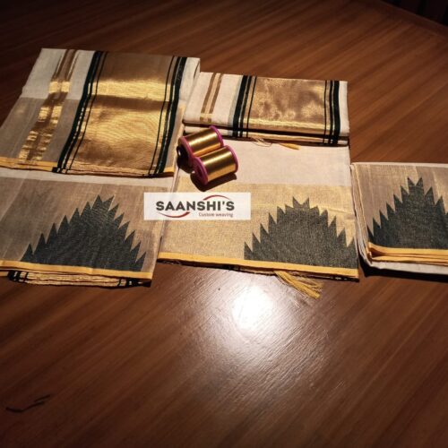 Varnam - PURE HANDLOOM TISSUE TEMPLE BORDER SET Mund -Bottle green