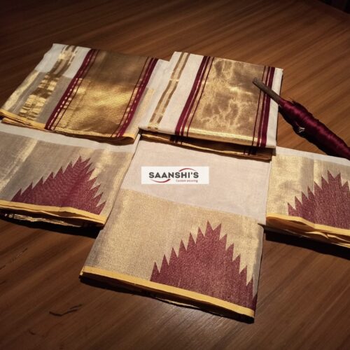 Varnam - PURE HANDLOOM TISSUE TEMPLE BORDER SET Mund - Maroon