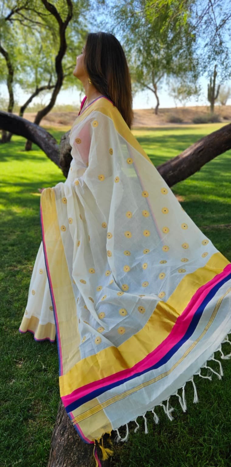 SUFALA-MEENAKARI SAREE | 5 INCH BLUE AND PINK COTTON SAREE-20446 - Image 2