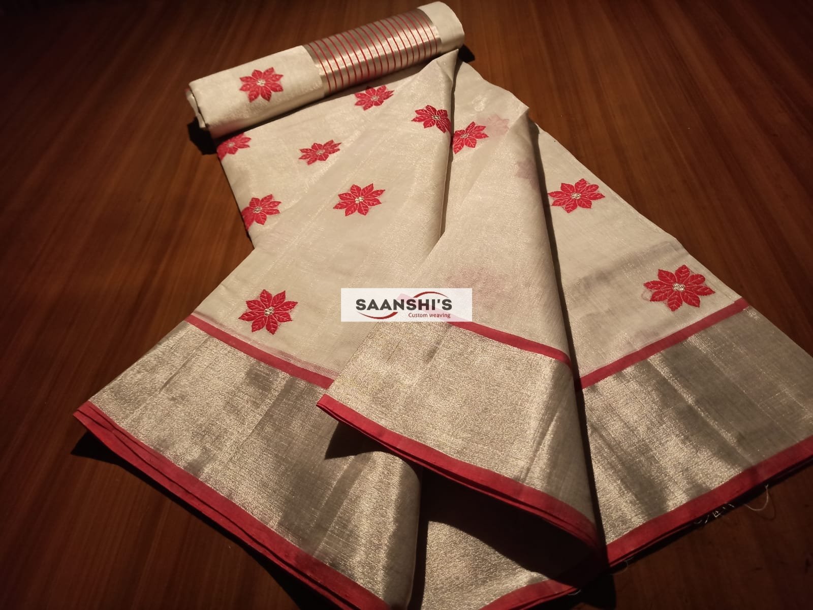 ELSA- PURE HANDLOOM TISSUE SILVER SAREE - Image 7