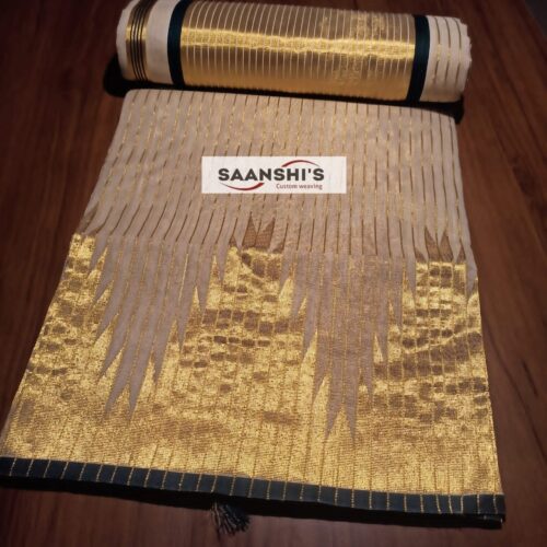 Pure Handloom tissue temple border saree with lines on body Green - HTS-125