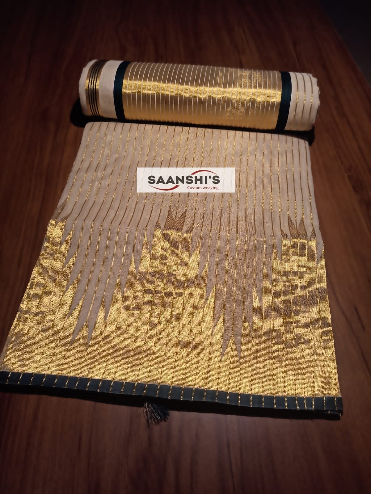 Pure Handloom tissue temple border saree with lines on body Green - HTS-125