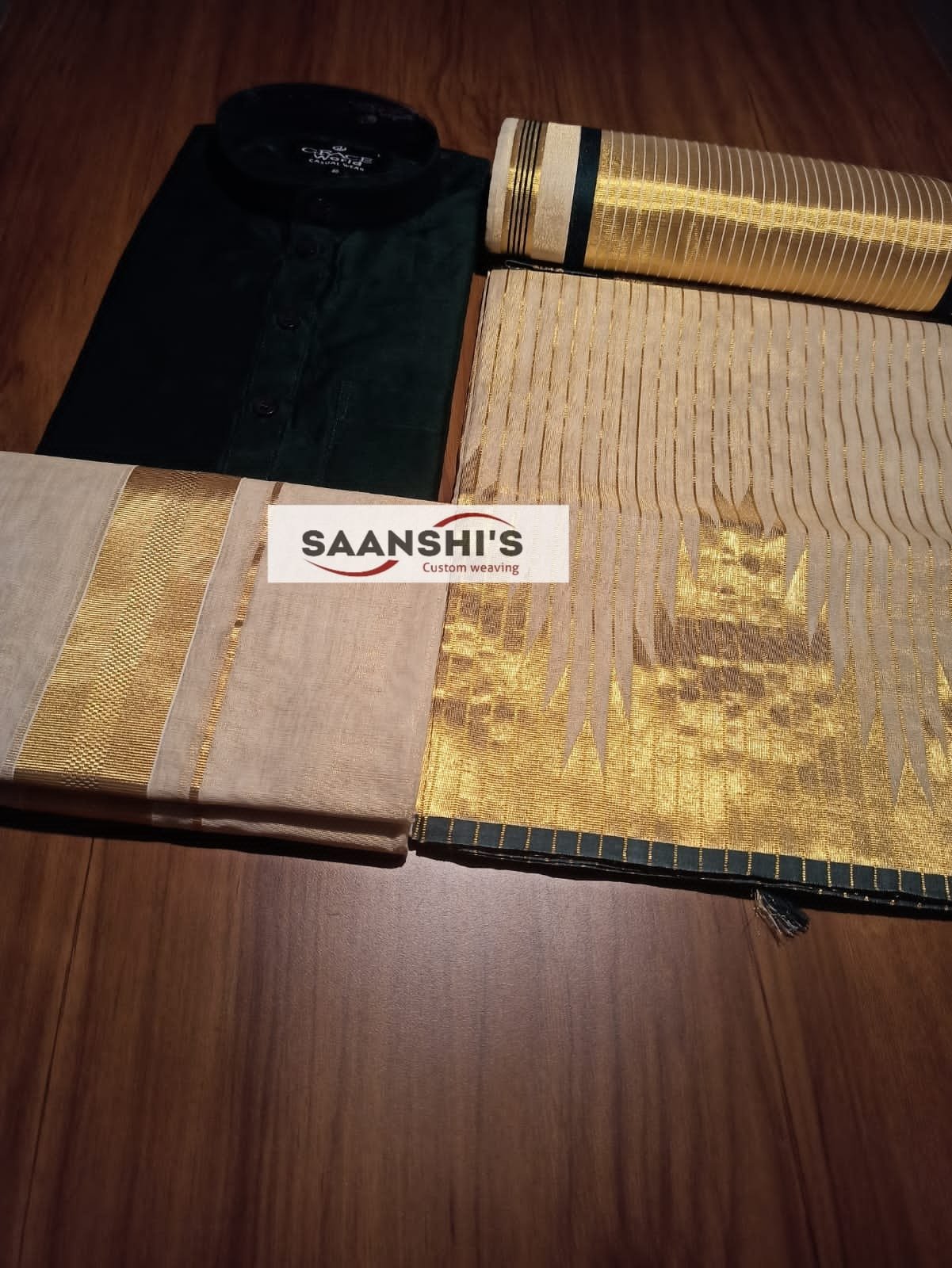 Pure Handloom tissue temple border saree with lines on body Green - HTS-125 - Image 3