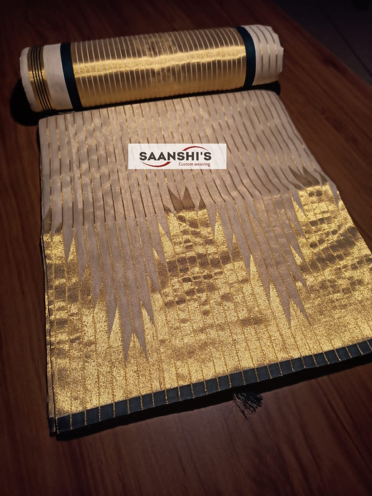 Pure Handloom tissue temple border saree with lines on body Green - HTS-125 - Image 4