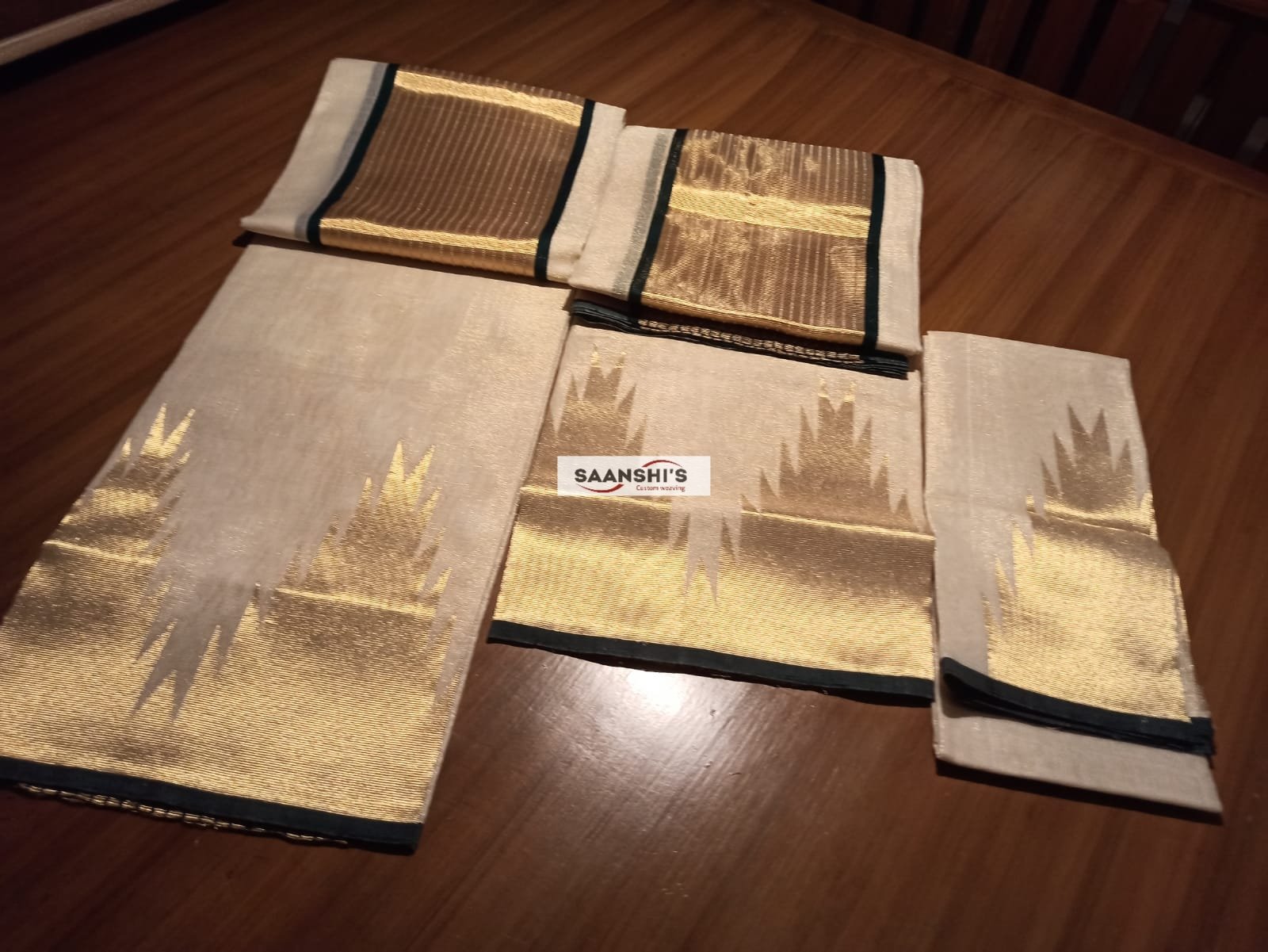 5357 PURE HANDLOOM TISSUE TEMPLE BORDER SET MUNDU bottle green