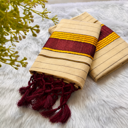 VY SET MUND-30221 | Cream & Maroon with Golden Border