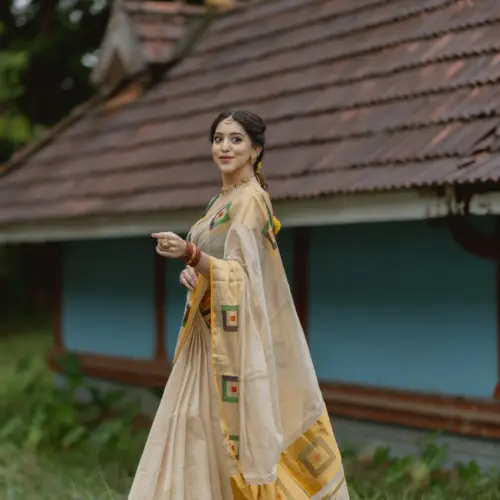30128 | Pure Handloom Tissue Saree with Box Design Border | Off White & Green | Running Blouse