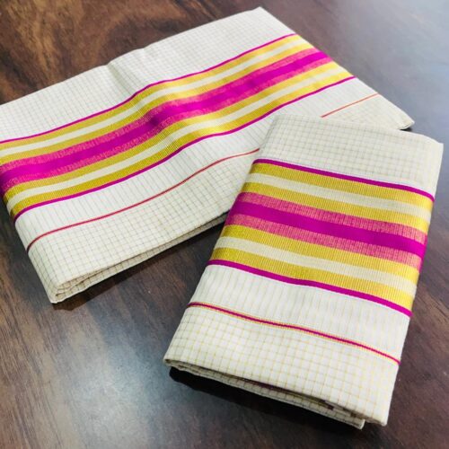VY SET MUND-30219 | Off White Set Mund with Magenta Pink and Golden Kasavu Stripe Border