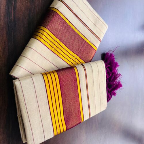 VY SET MUND-30220- Cream Set Mund | Golden Kasavu & Magenta Kunjalam