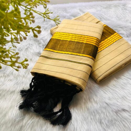 VY SET MUND-30221 | Cream & Coffee Brown with Golden Border