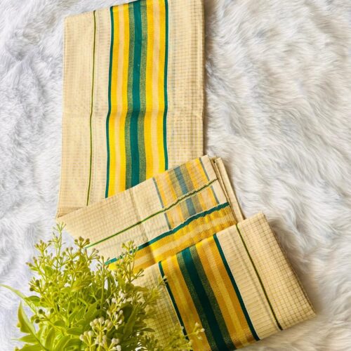 VY SET MUND-30222 | Cream Set Mundu with Golden Kasavu and Peacock Green Border”