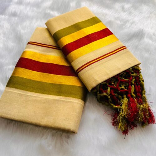 VY SET MUND-30223 | Cream Mundu with Golden Kasavu | Olive Green and Maroon Border