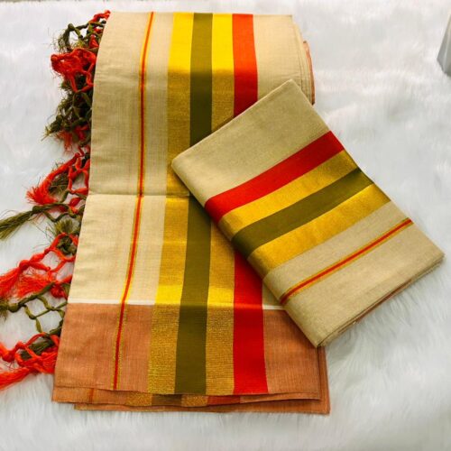 VY SET MUND-30224 | Cream Set Mund with Sindoor Red & Olive Green Panel |  Kasavu Gold Border and Dual Tone Kunjalam