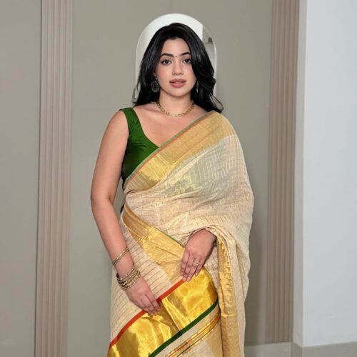10-RUNA-20502 | Pure Handloom Tissue Saree | Off White Micro Check | 4" Border & Kara