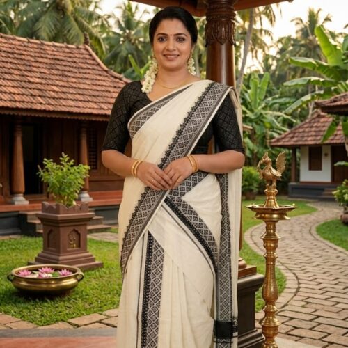 Traditional Gada Painted Cotton Set Mundu for Women | Kerala Mundum Neriyathum -30238