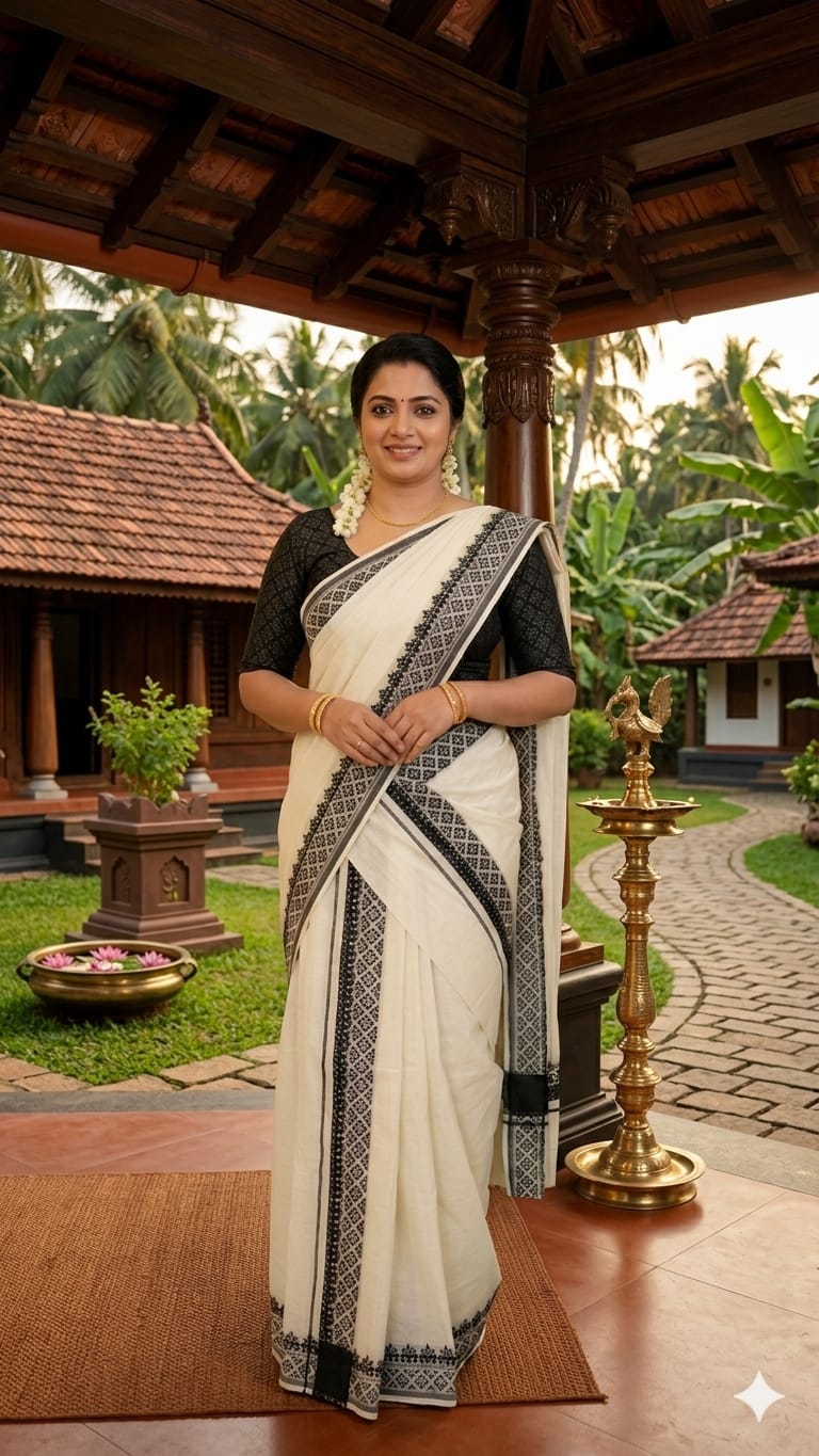 Traditional Gada Painted Cotton Set Mundu for Women | Kerala Mundum Neriyathum -30238