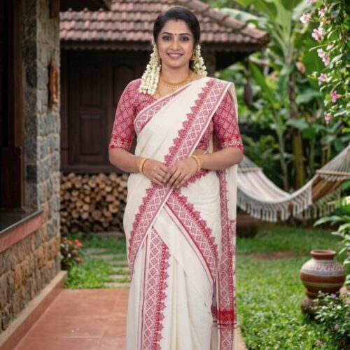 Traditional Gada Painted Cotton Set Mundu for Women | Kerala Mundum Neriyathum -30239
