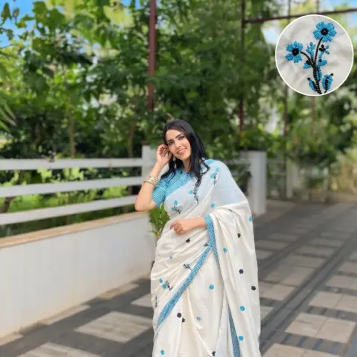 Soft Cotton Kerala Saree with Blue Embroidery-20496