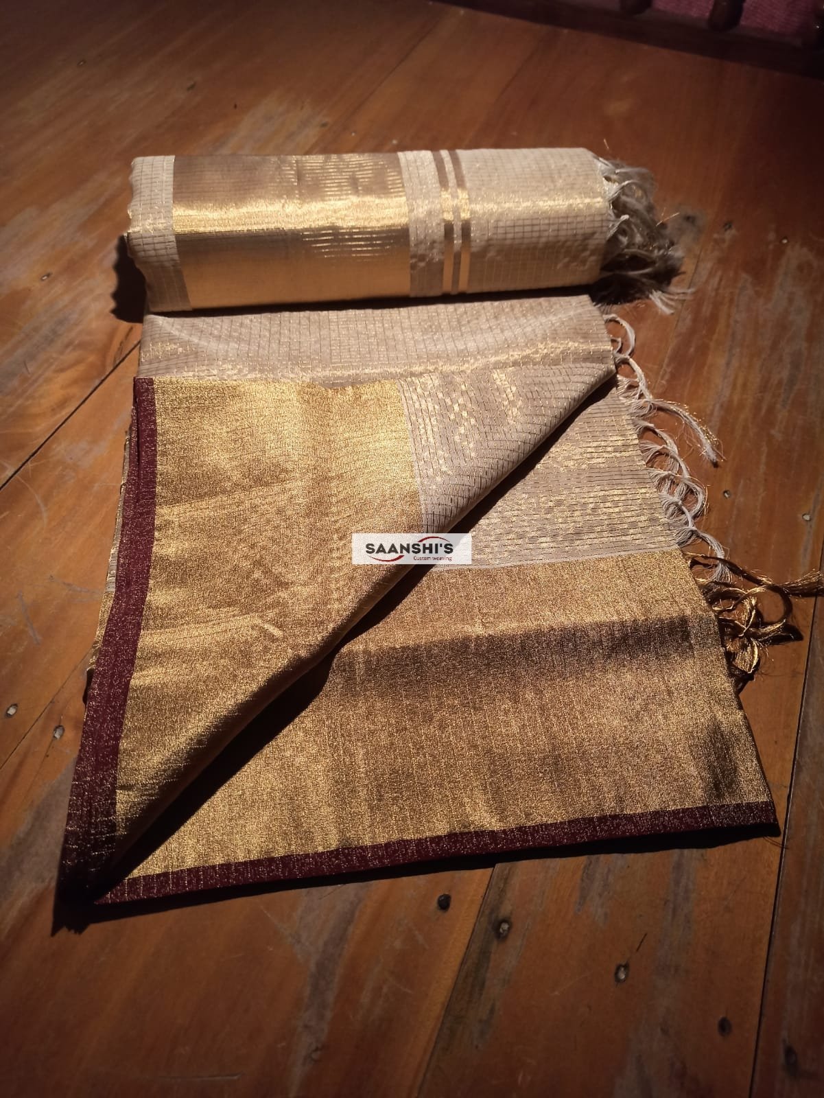 FULL JARI WEAVED - TISSUE MICROCHECK SAREE maroon 2253 - Image 3