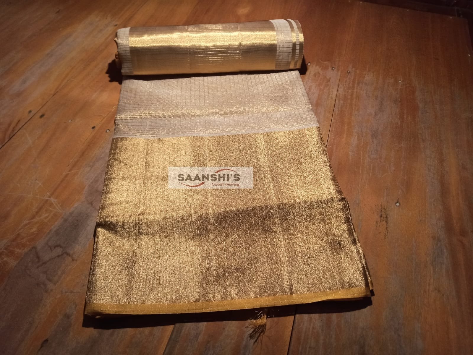 FULL JARI WEAVED –TISSUE MICROCHECK SAREE 10 INCH Golden 20481 - Image 3