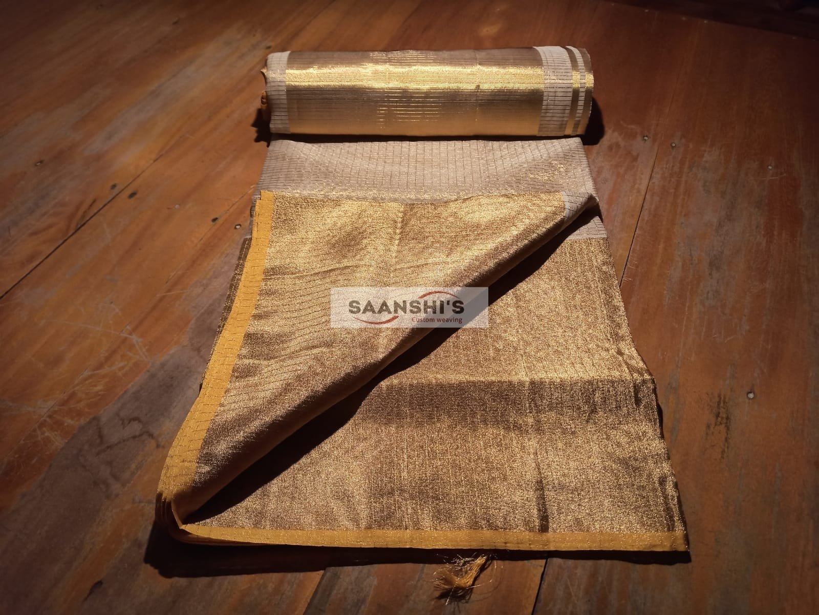 FULL JARI WEAVED –TISSUE MICROCHECK SAREE 10 INCH Golden 20481 - Image 4