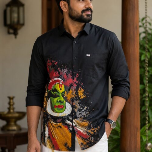 Premium Black Kathakali Art Print Cotton Shirt for Men | Kerala Heritage Designer Shirt| 40101