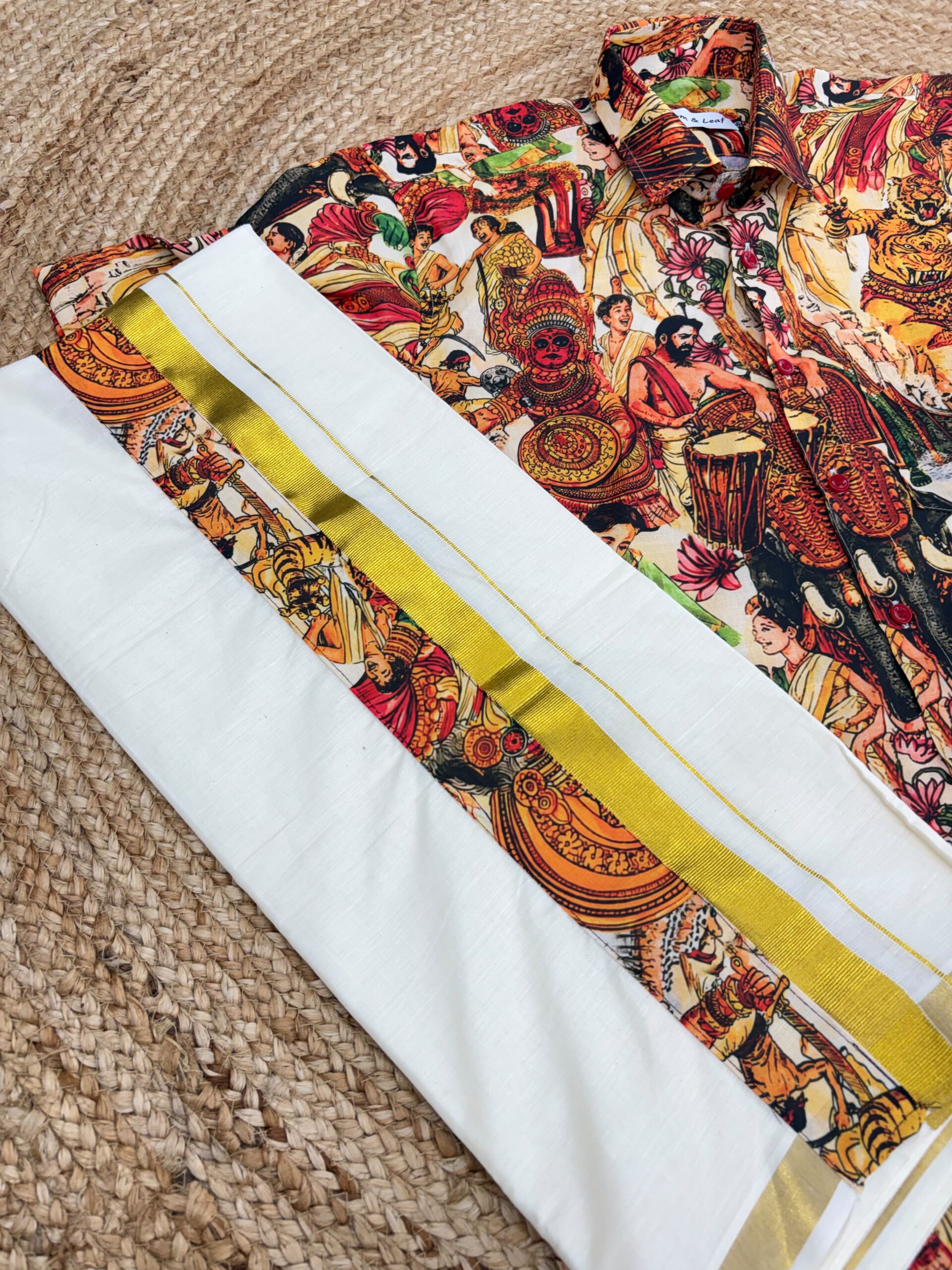 Kerala Festival Printed Shirt with Premium Kasavu Mundu Set | Kathakali, Theyyam & Chenda Theme| 80124 - Image 2