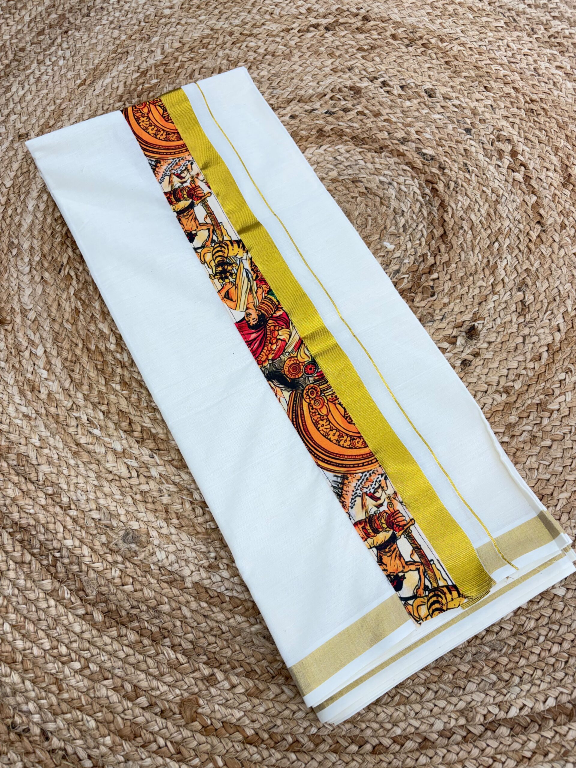Kerala Festival Printed Shirt with Premium Kasavu Mundu Set | Kathakali, Theyyam & Chenda Theme| 80124 - Image 5