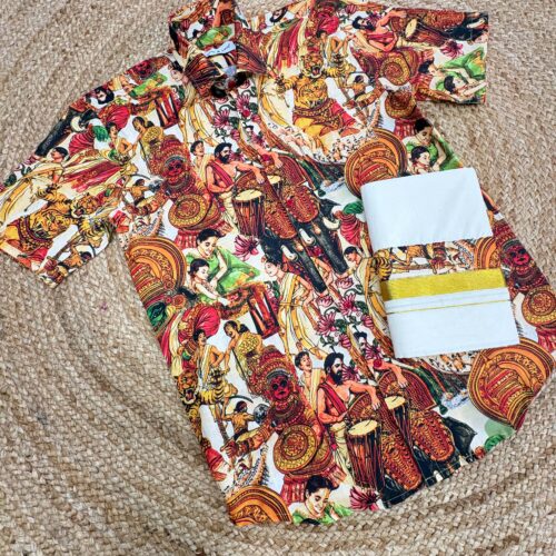 Kerala Festival Printed Shirt with Premium Kasavu Mundu Set | Kathakali, Theyyam & Chenda Theme| 80124