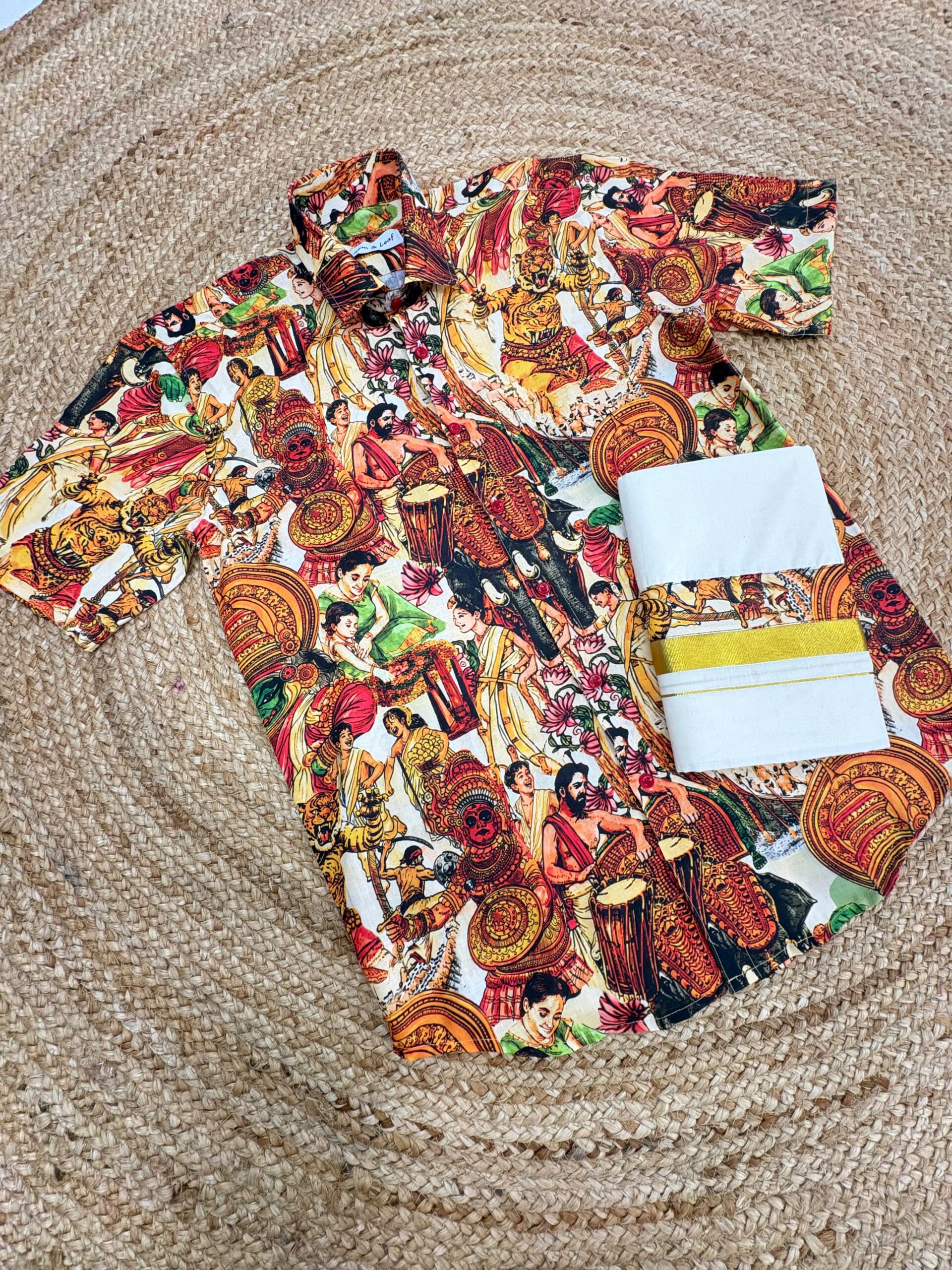 Kerala Festival Printed Shirt with Premium Kasavu Mundu Set | Kathakali, Theyyam & Chenda Theme| 80124