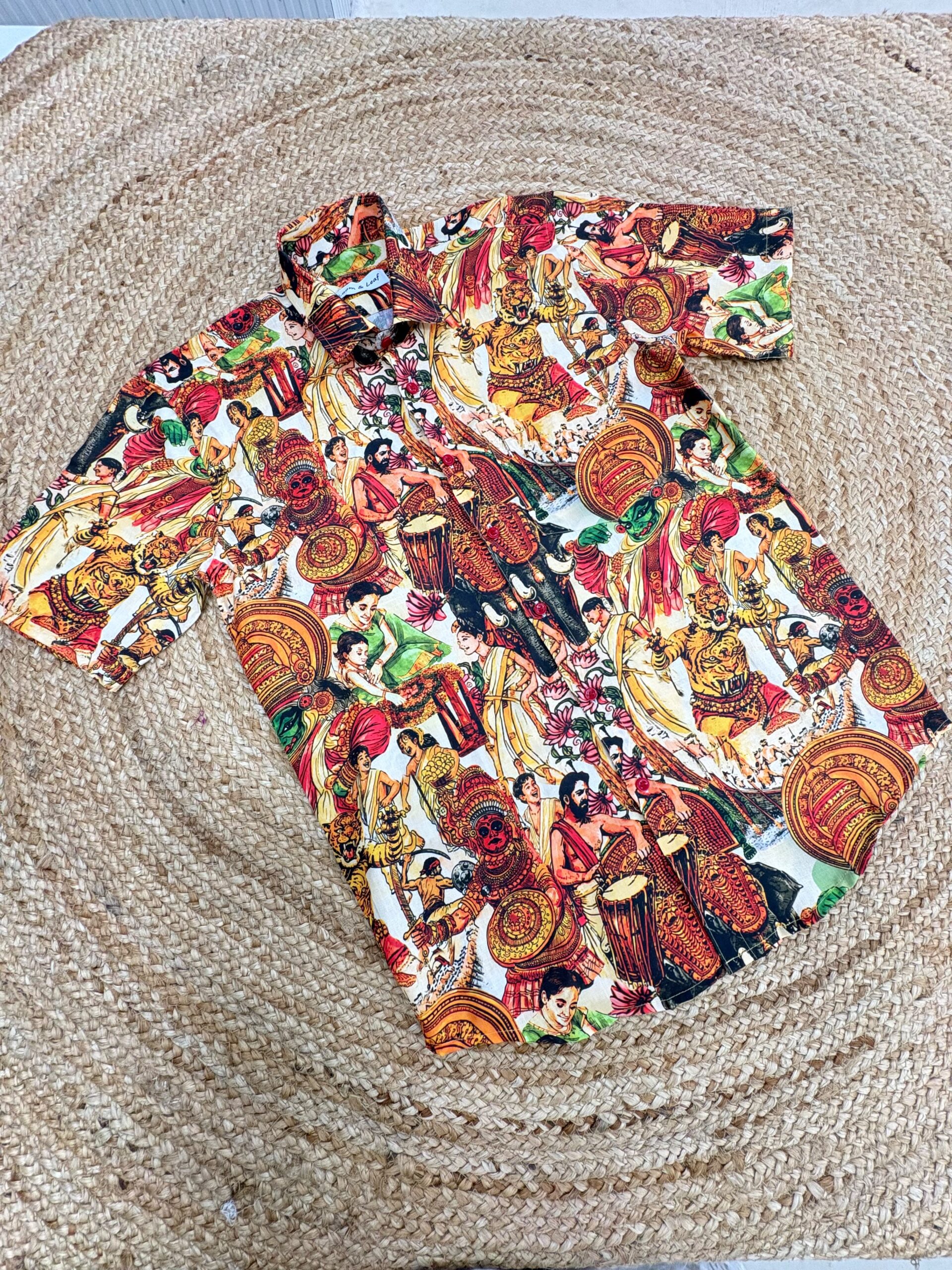Kerala Festival Printed Shirt with Premium Kasavu Mundu Set | Kathakali, Theyyam & Chenda Theme| 80124 - Image 3