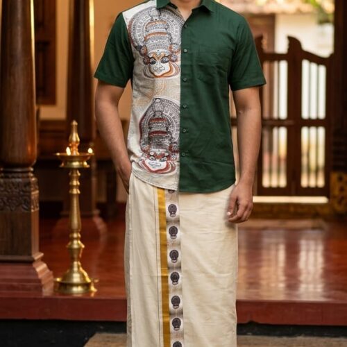 Kerala SD One Side Printed Shirt with Kasavu Mundu Set – Dark Green | 80117 -Traditional Men's Onam Outfit