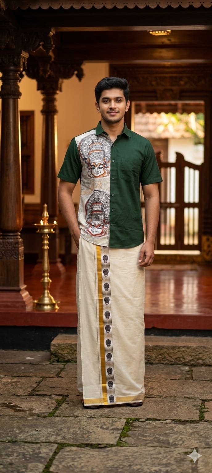 Kerala SD One Side Printed Shirt with Kasavu Mundu Set – Dark Green | 80117 -Traditional Men's Onam Outfit Copy