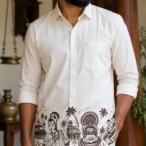 Premium Off White Kerala Heritage Print Shirt | Kathakali & Kerala Culture Cotton Shirt for Men | 40100