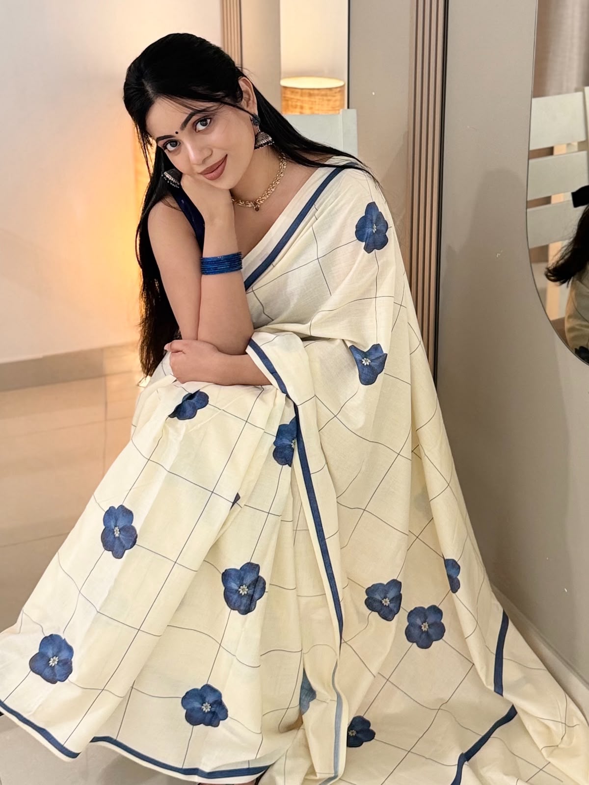 Indigo Bloom Checks Pure Cotton Digital Printed Saree | Floral Check Print | No Blouse-20514 - Image 2