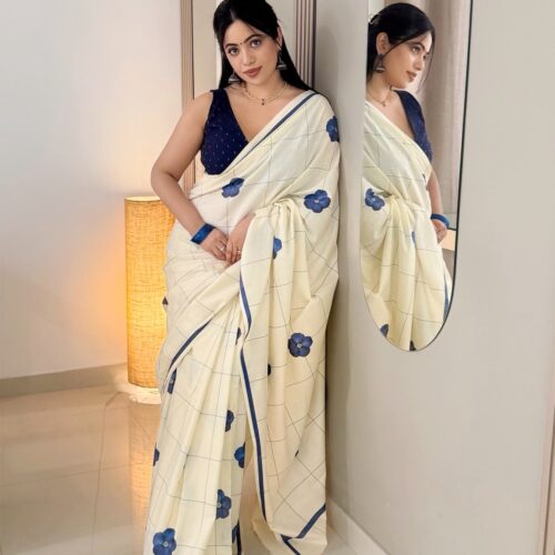 Indigo Bloom Checks Pure Cotton Digital Printed Saree | Floral Check Print | No Blouse-20514
