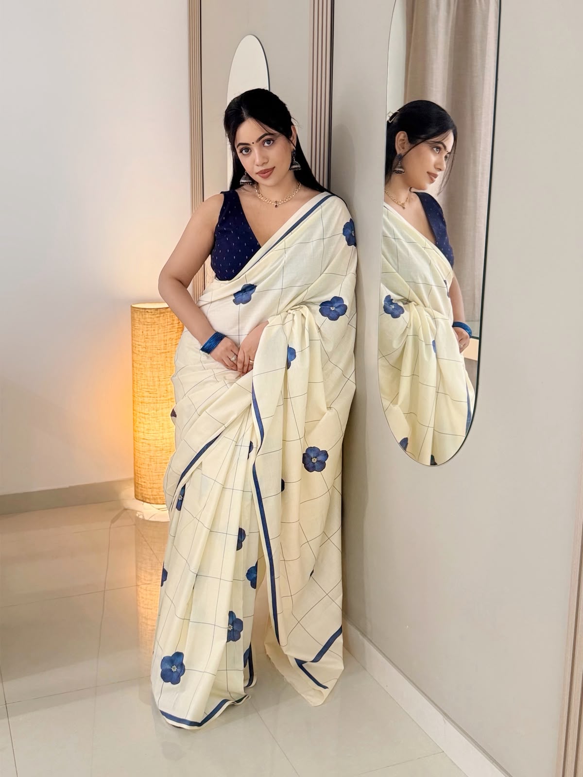 Indigo Bloom Checks Pure Cotton Digital Printed Saree | Floral Check Print | No Blouse-20514